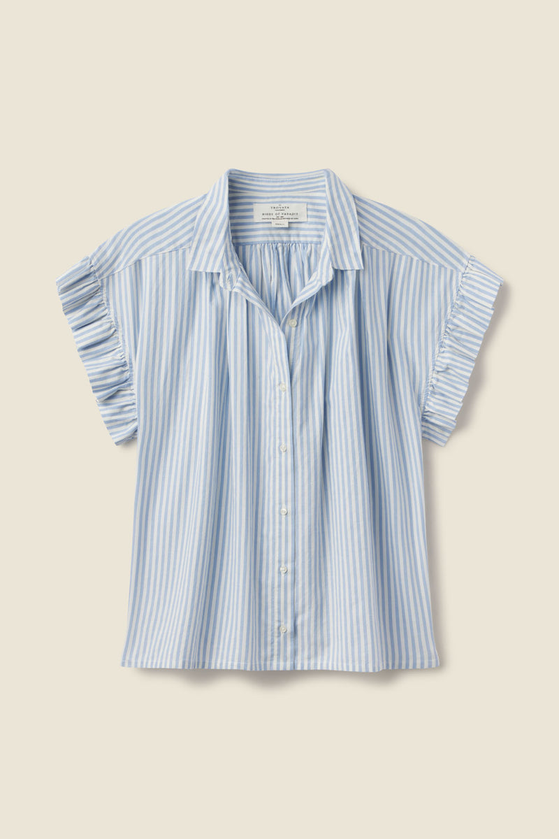 Marianne "B" Ruffle Sleeve Shirt Blue Oxford Stripe