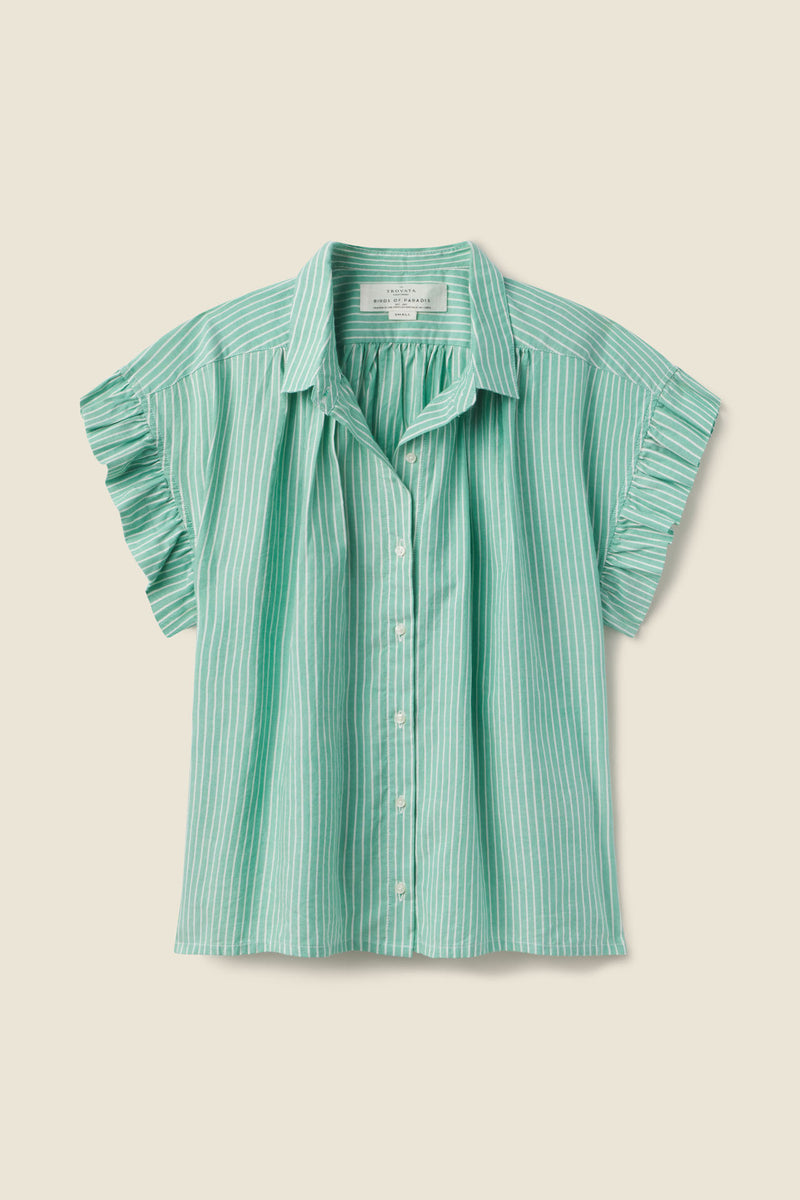 Marianne "B" Ruffle Sleeve Shirt Green Oxford Stripe