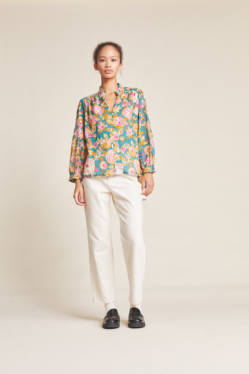 Quincy Blouse Teal Dahlia