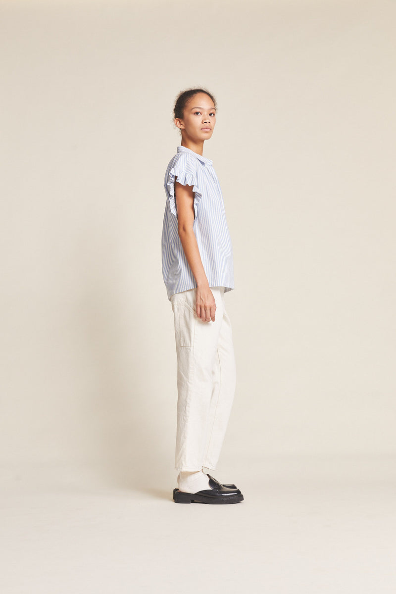 Marianne "B" Ruffle Sleeve Shirt Blue Oxford Stripe