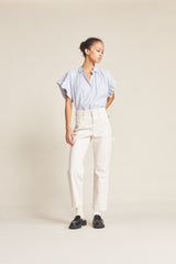 Marianne "B" Ruffle Sleeve Shirt Blue Oxford Stripe