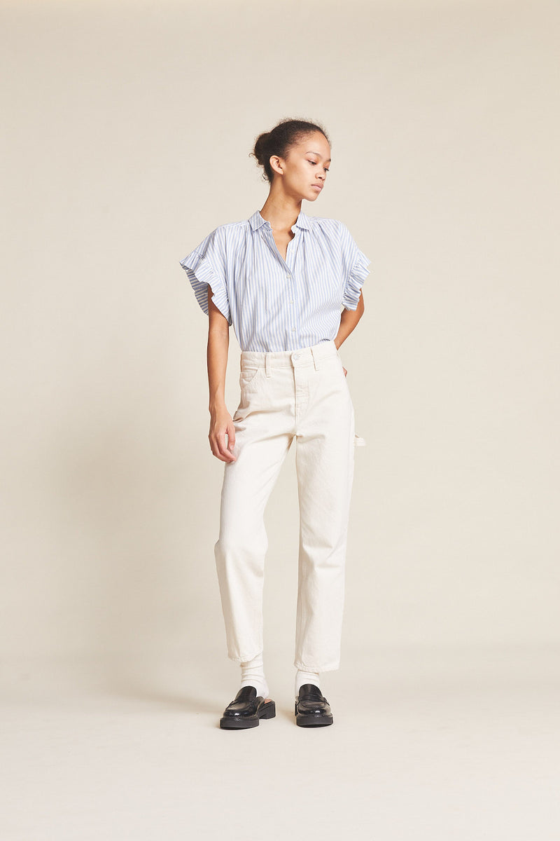 Marianne "B" Ruffle Sleeve Shirt Blue Oxford Stripe